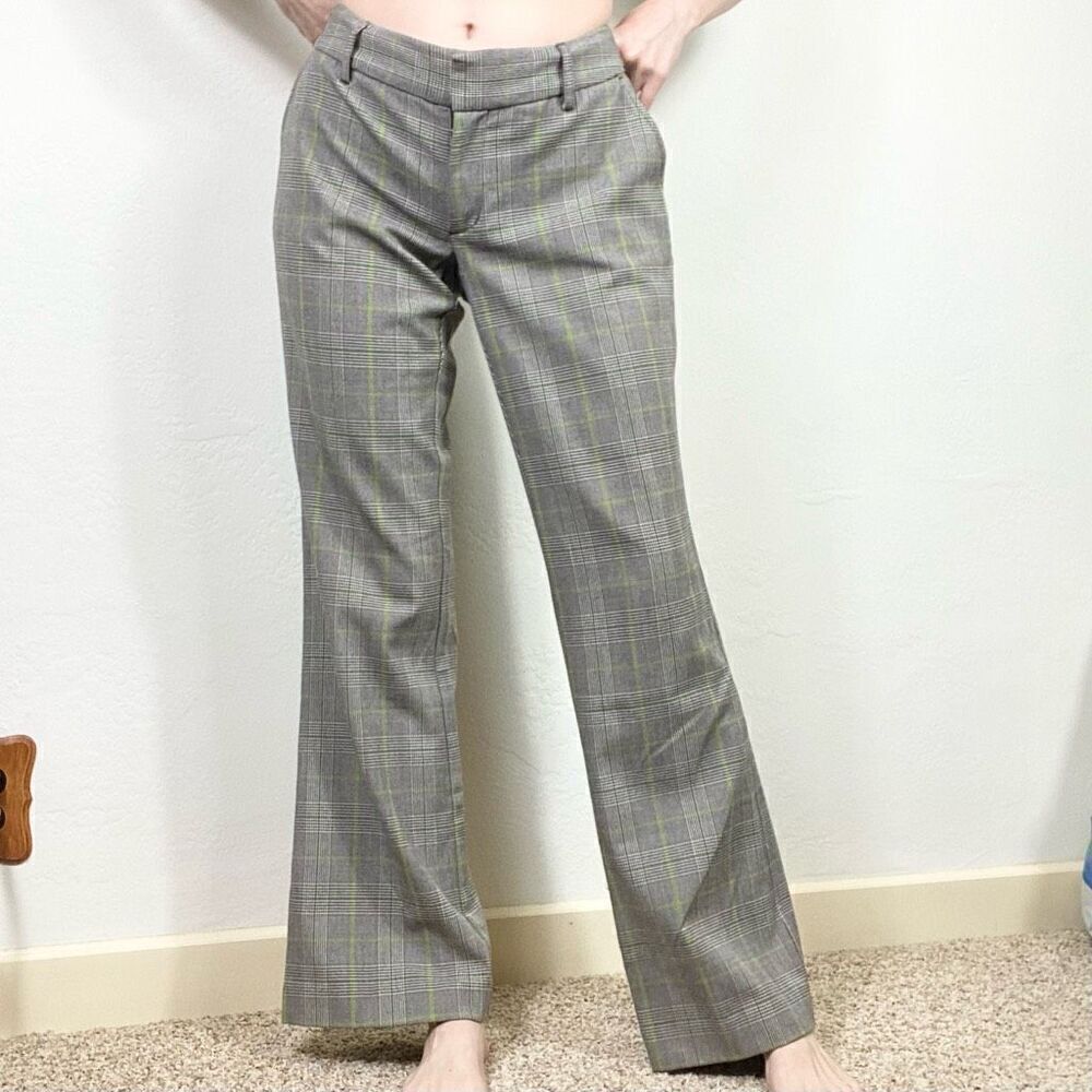 Vintage y2k Mossimo Grey & Green Plaid Low Rise Flare Leg Trouser Pants Size 4